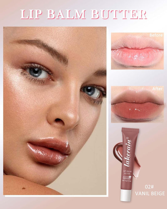 Lip Butter Balm Vanilla Beige Brown Lip Gloss, Shea Butter Tinted Lip Balm,Lip Glowy Balm Hydrating Lip Mask,Glossy Plumping Butter Lip Gloss for Dry Cracked Lips, All-Day Moisture Non-Sticky Lip Care