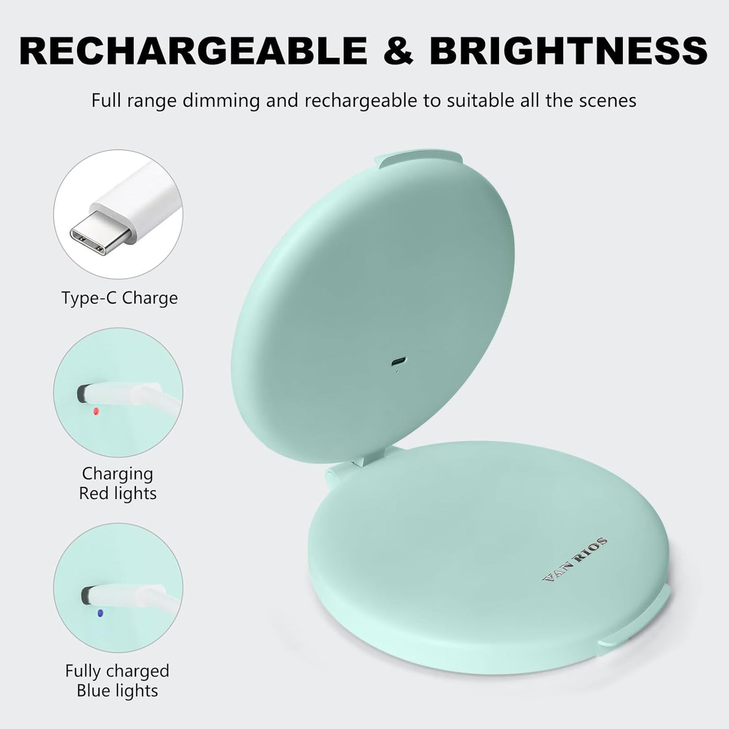 6.3 Inch Rechargeable Folding 10X Magnification Double Sided Makeup Mirror with Lights, Portable Travel Mirror for Women with Nearsightedness | Travel Essentials for Women