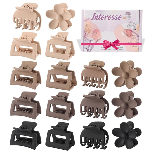 16 PCS Small Claw Clips, Matte Hair Clips for Women and Girls, Medium Rectangle Hair Claws, Brown Flower Hair Clips for Thin Hair