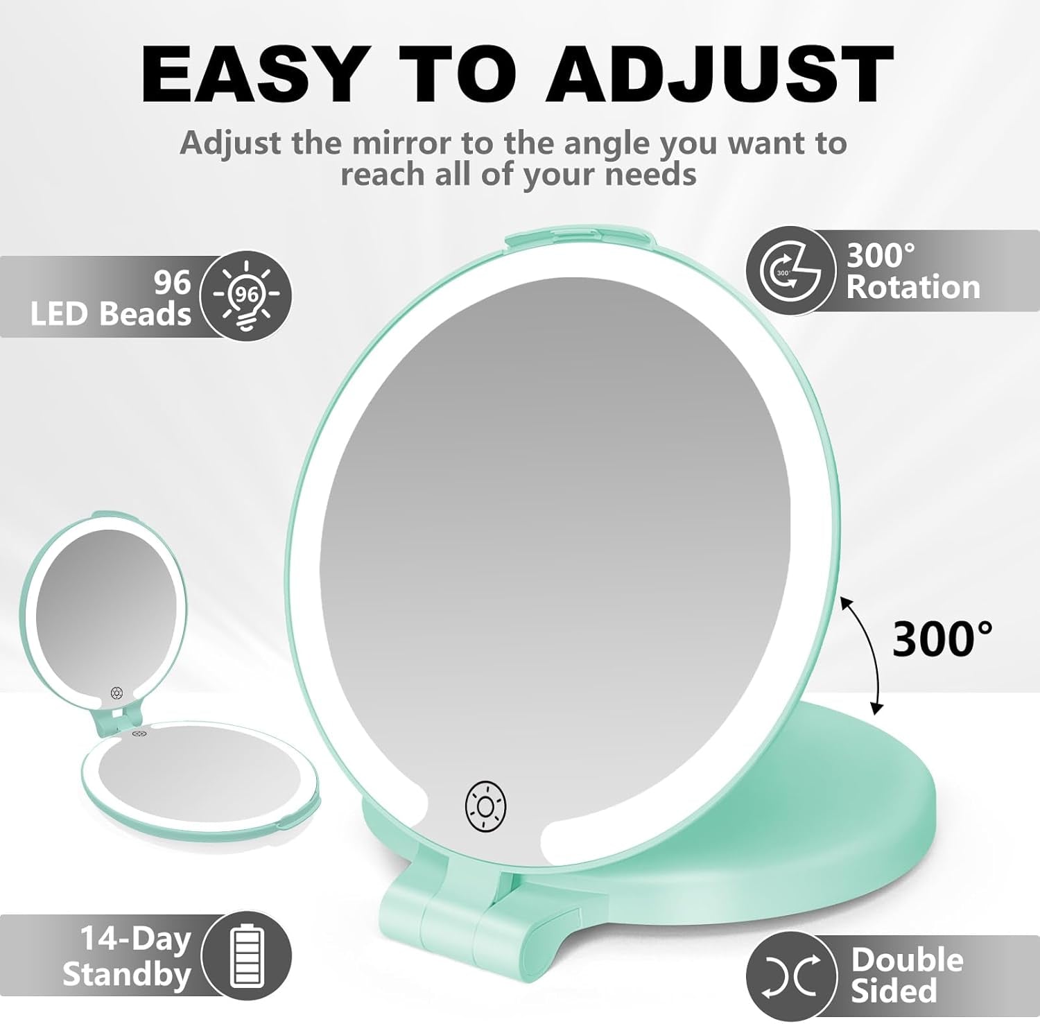 6.3 Inch Rechargeable Folding 10X Magnification Double Sided Makeup Mirror with Lights, Portable Travel Mirror for Women with Nearsightedness | Travel Essentials for Women