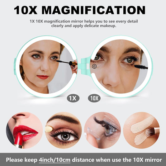 6.3 Inch Rechargeable Folding 10X Magnification Double Sided Makeup Mirror with Lights, Portable Travel Mirror for Women with Nearsightedness | Travel Essentials for Women