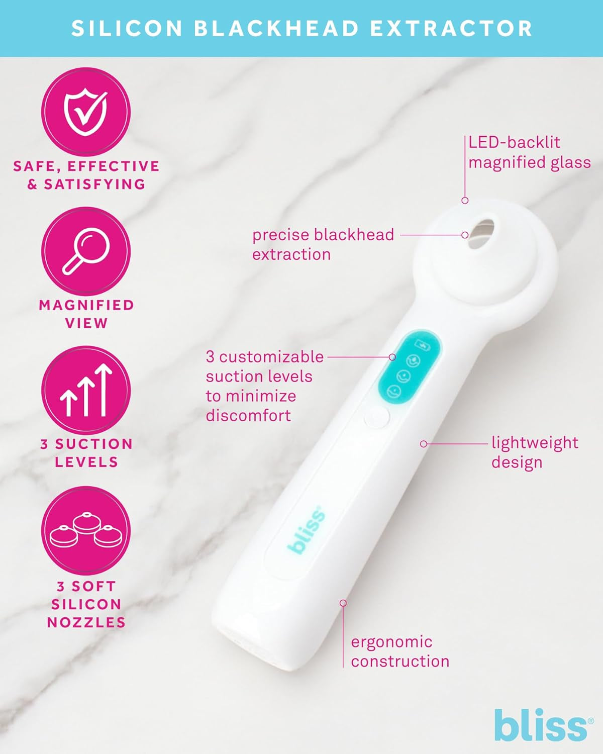Blackhead Remover Vacuum - Silicone Nozzle Blackhead Extractor - Pore Cleaner with 3 Suction Levels and LED Magnifier, Whitemint Green