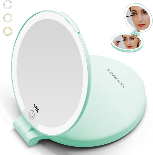 6.3 Inch Rechargeable Folding 10X Magnification Double Sided Makeup Mirror with Lights, Portable Travel Mirror for Women with Nearsightedness | Travel Essentials for Women