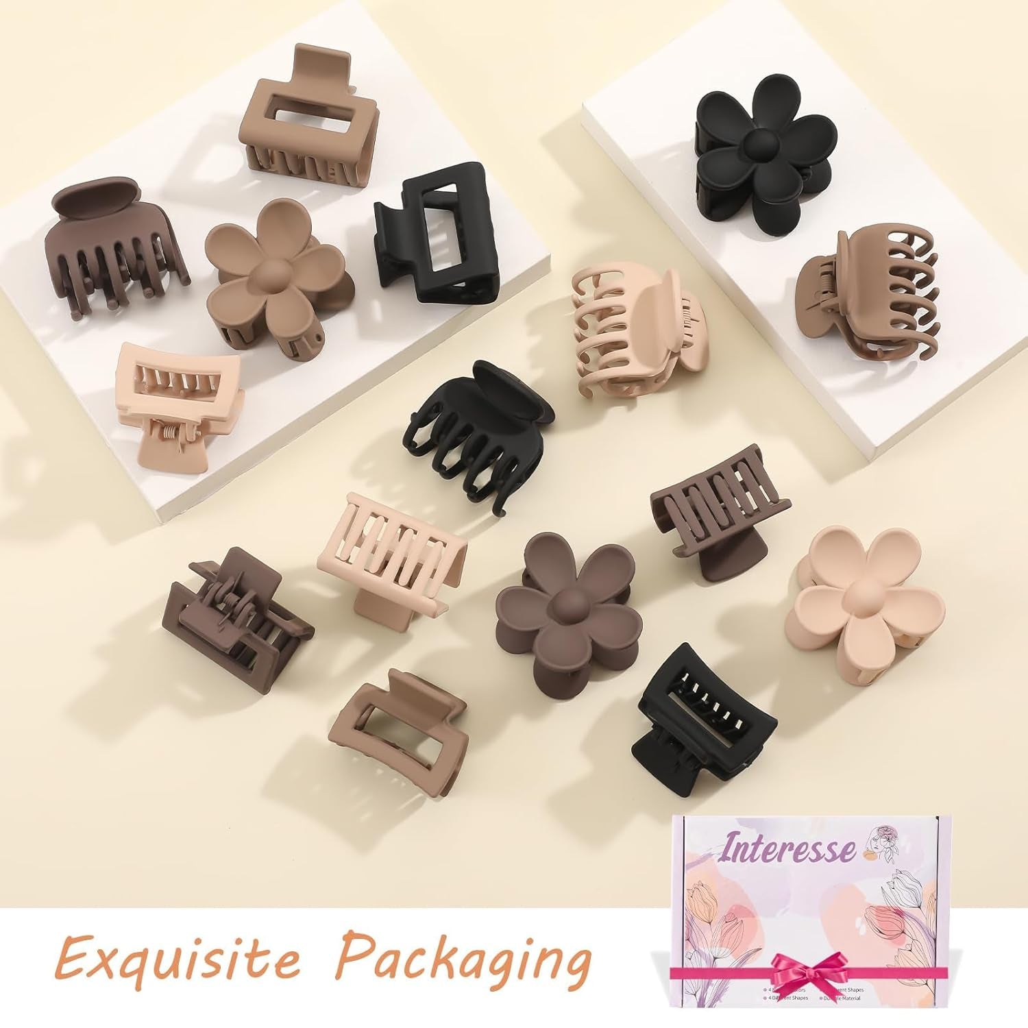 16 PCS Small Claw Clips, Matte Hair Clips for Women and Girls, Medium Rectangle Hair Claws, Brown Flower Hair Clips for Thin Hair